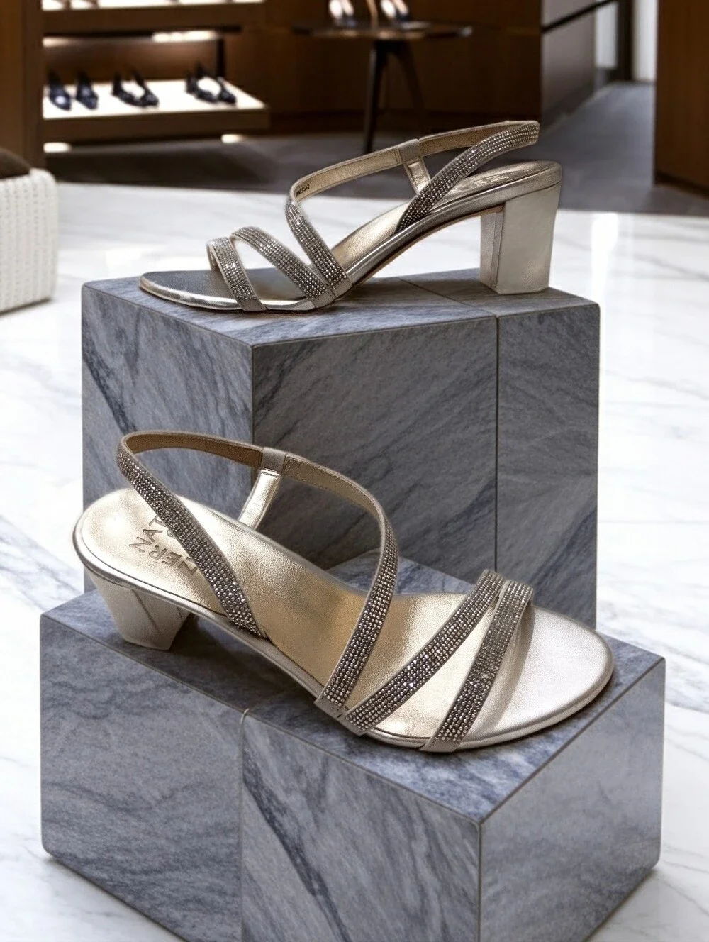 Naturalizer Metallic Strappy Low Block Heel Rhinestone Sandals - Silver Gold